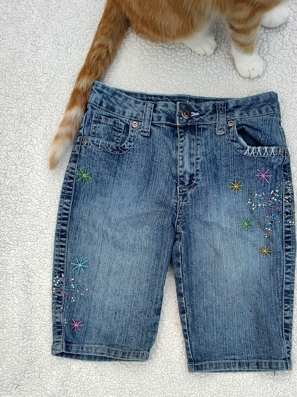 Embroidered Blue Denim Women's Bermuda Jeans